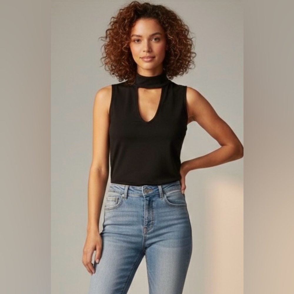 Groceries Apparel Black KeyHole Mock Neck Sleeveless Top Organic Cotton Blend XS